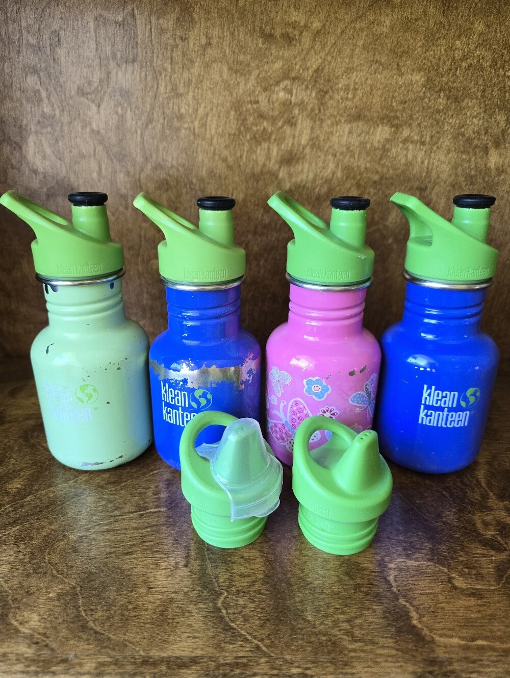 Lot of 4 Klean Kanteen Kids Stainless Steel Water Bottles 12 oz + 2 Sippy Lids